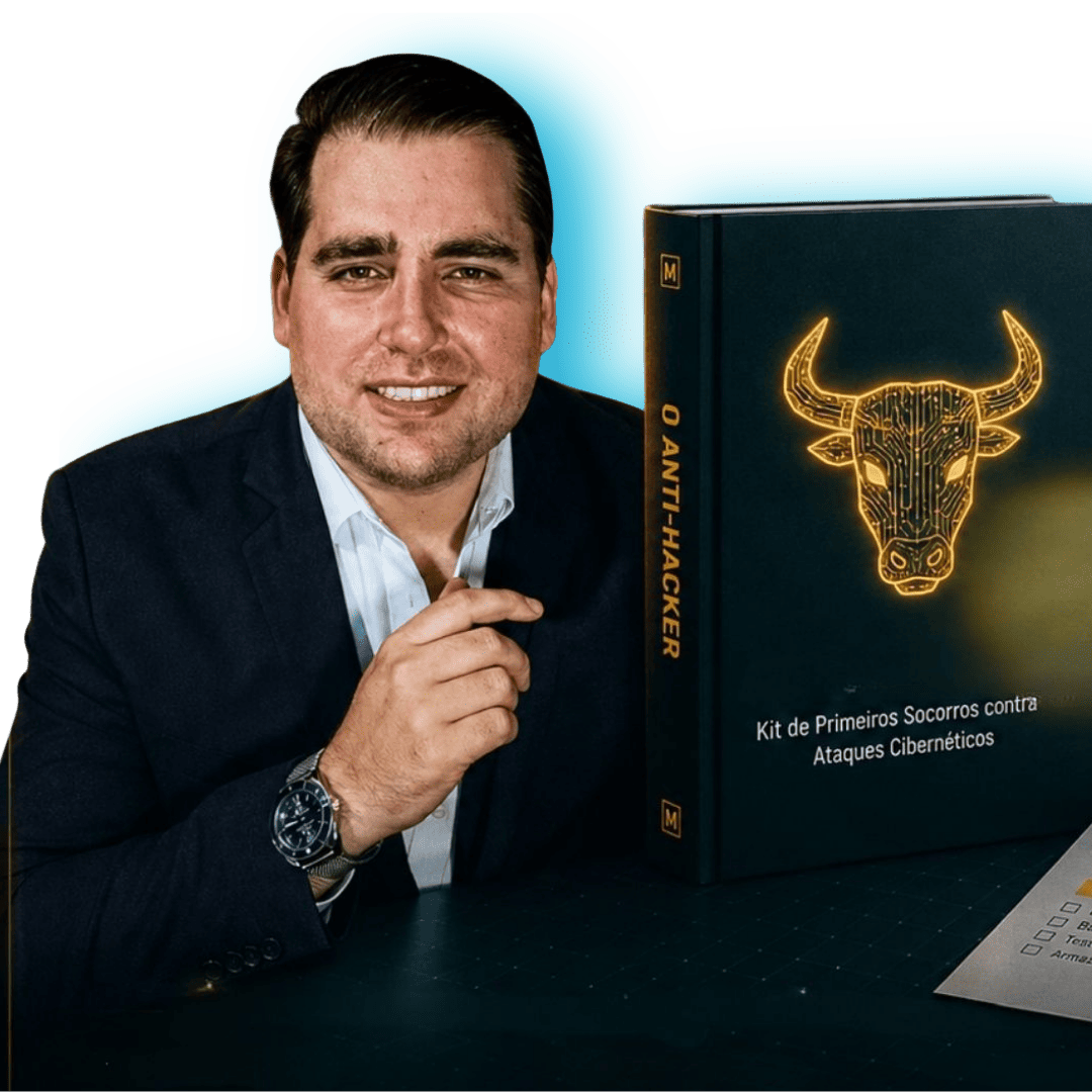 Mockup do Kit O ANTI-HACKER: e-book com touro tecnológico, planilha de mapeamento de dados e checklist de higiene digital