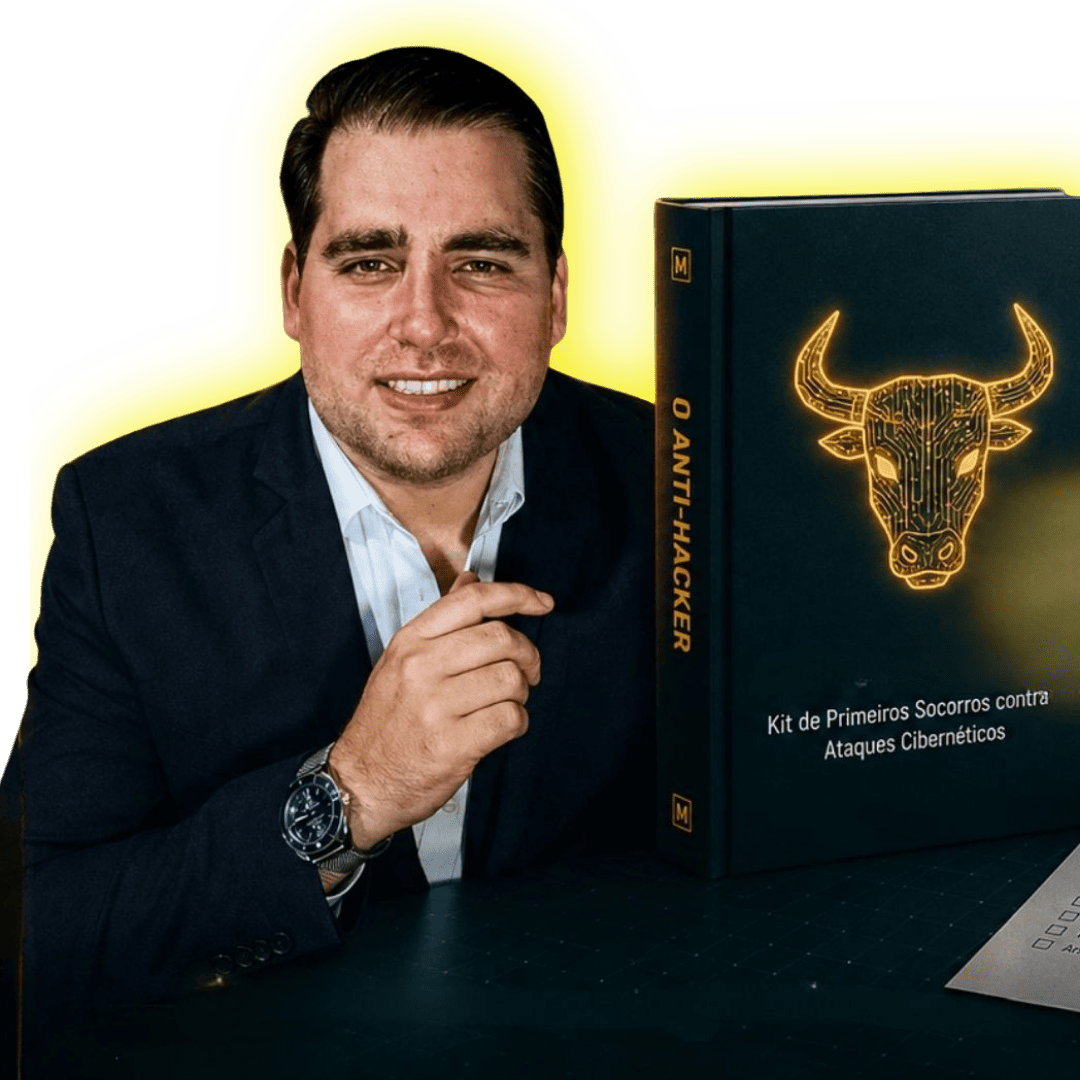 Mockup do Kit O ANTI-HACKER: e-book com touro tecnológico, planilha de mapeamento de dados e checklist de higiene digital